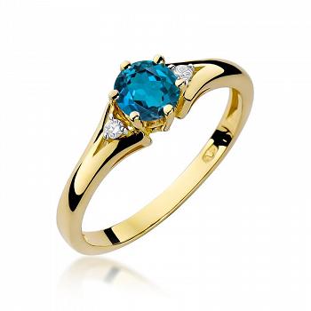 Pierścionek zaręczynowy z żółtego złota z brylantami i topazem London Blue 0.03 ct